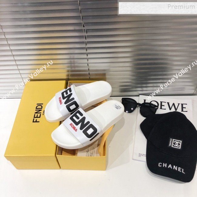 Fendi Roma Logo Flat Slide Sandals White 2019 (For Women and Men) (DLY-9082145)