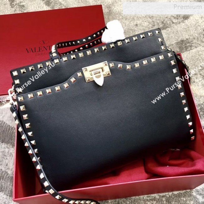 Valentino Smooth Calfskin Rockstud Large Top Handle Bag Black Fall 2018 (JIND-9081933)