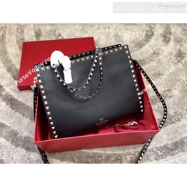 Valentino Smooth Calfskin Rockstud Large Top Handle Bag Black Fall 2018 (JIND-9081933)