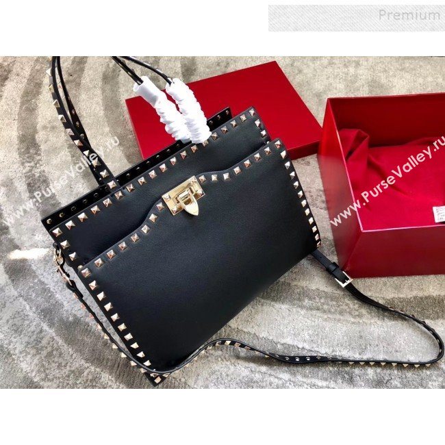 Valentino Smooth Calfskin Rockstud Large Top Handle Bag Black Fall 2018 (JIND-9081933)