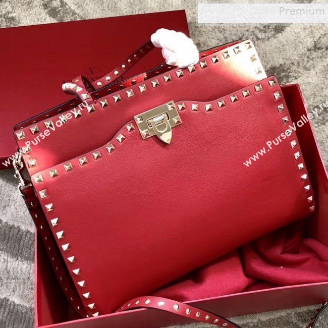 Valentino Smooth Calfskin Rockstud Large Top Handle Bag Red Fall 2018 (JIND-9081935)