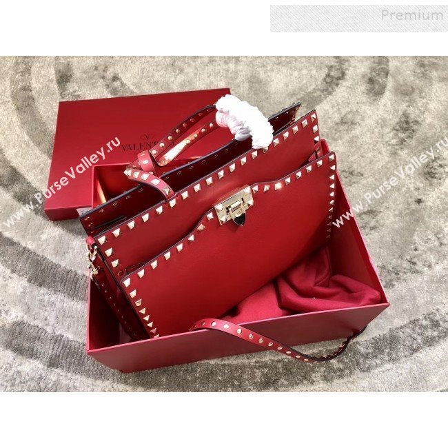 Valentino Smooth Calfskin Rockstud Large Top Handle Bag Red Fall 2018 (JIND-9081935)