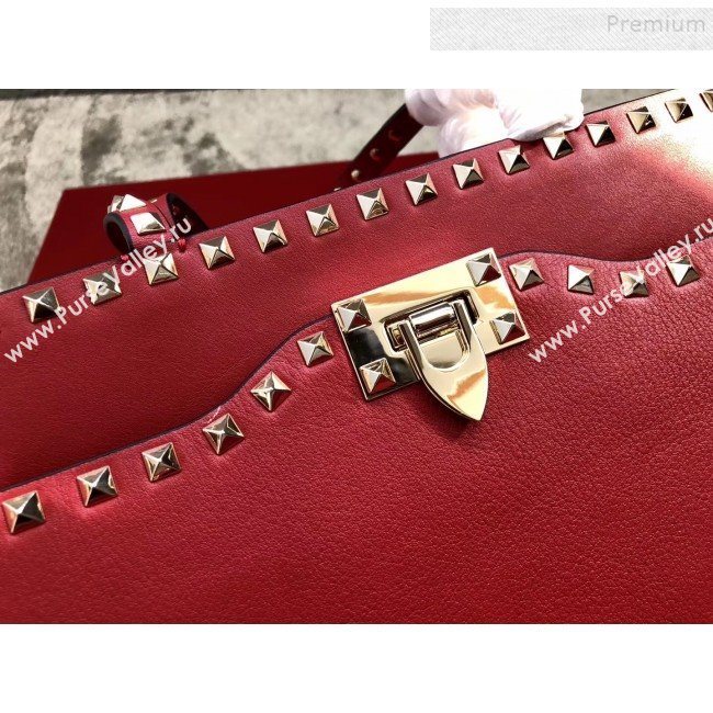 Valentino Smooth Calfskin Rockstud Large Top Handle Bag Red Fall 2018 (JIND-9081935)