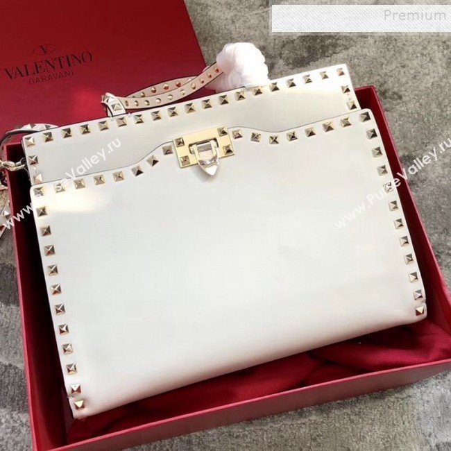 Valentino Smooth Calfskin Rockstud Large Top Handle Bag White Fall 2018 (JIND-9081936)