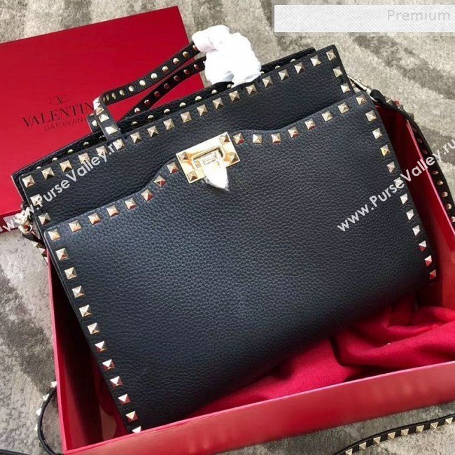 Valentino Grained Calfskin Rockstud Large Top Handle Bag Black Fall 2018 (JIND-9081939)