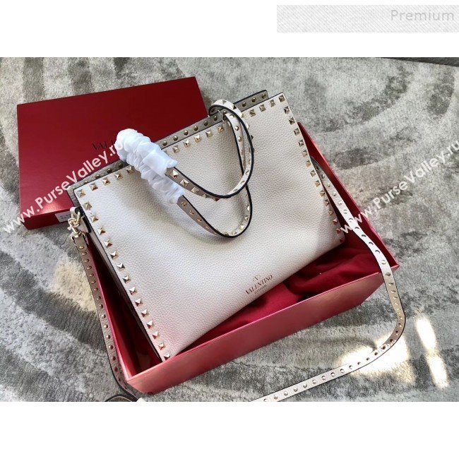 Valentino Grained Calfskin Rockstud Large Top Handle Bag White Fall 2018 (JIND-9081940)