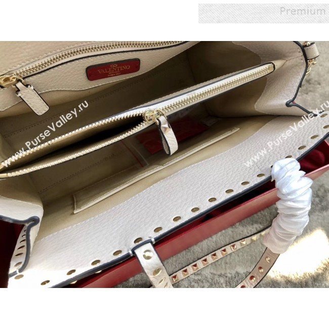 Valentino Grained Calfskin Rockstud Large Top Handle Bag White Fall 2018 (JIND-9081940)