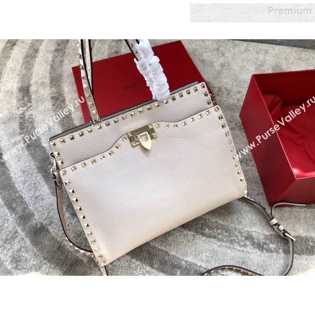 Valentino Grained Calfskin Rockstud Large Top Handle Bag White Fall 2018 (JIND-9081940)