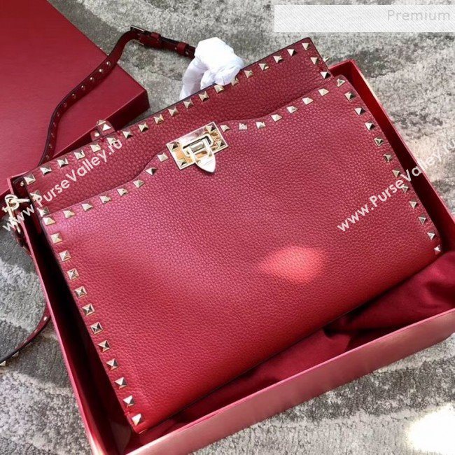 Valentino Grained Calfskin Rockstud Large Top Handle Bag Red Fall 2018 (JIND-9081938)