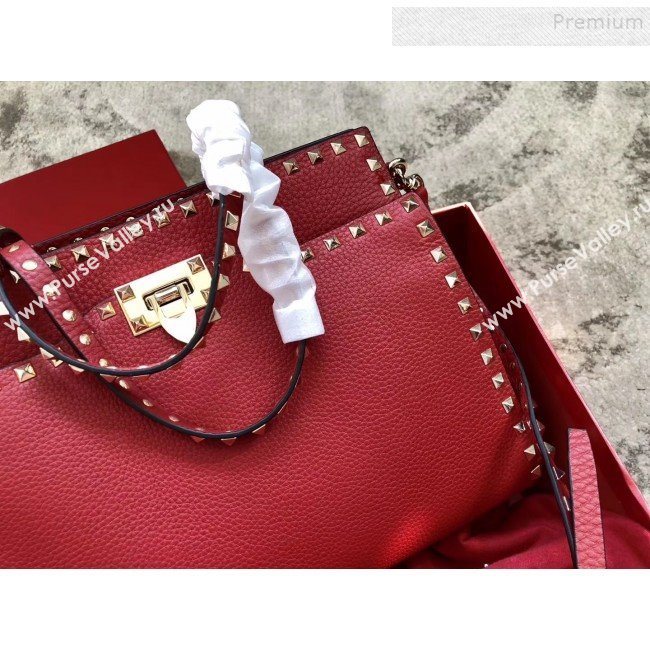 Valentino Grained Calfskin Rockstud Large Top Handle Bag Red Fall 2018 (JIND-9081938)