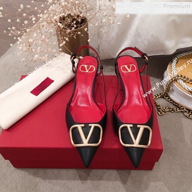 Valentino VLogo Leather Slingback Low-Heel Pump Black 2019 (KL-9082773)