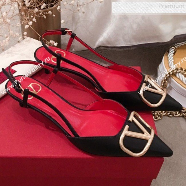Valentino VLogo Leather Slingback Low-Heel Pump Black 2019 (KL-9082773)