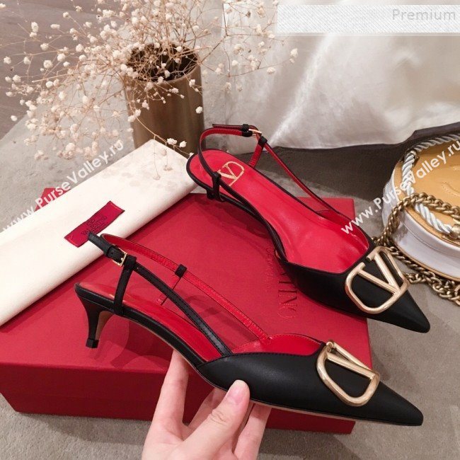 Valentino VLogo Leather Slingback Low-Heel Pump Black 2019 (KL-9082773)