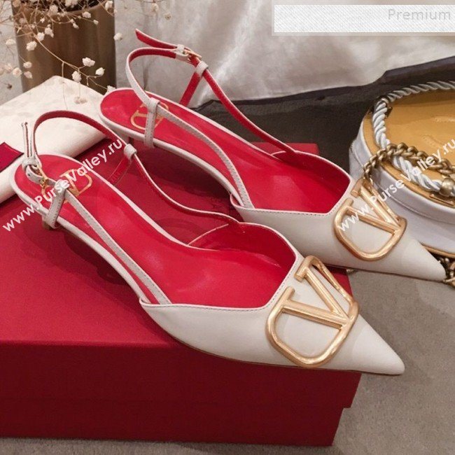 Valentino VLogo Leather Slingback Low-Heel Pump White 2019 (KL-9082774)