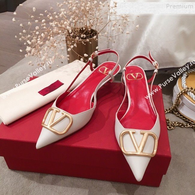 Valentino VLogo Leather Slingback Low-Heel Pump White 2019 (KL-9082774)