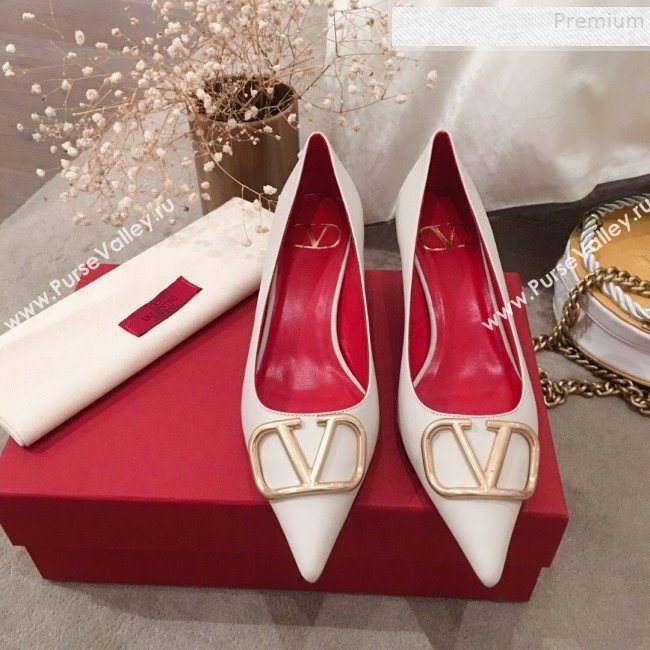 Valentino VLogo Leather Pointed Toe Low-Heel Pump White 2019 (KL-9082777)