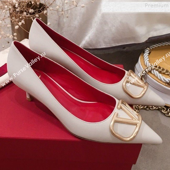 Valentino VLogo Leather Pointed Toe Low-Heel Pump White 2019 (KL-9082777)