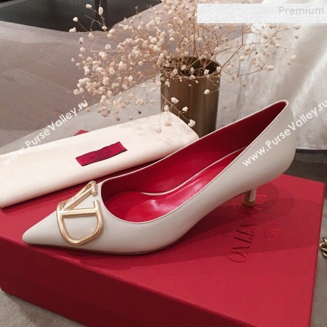 Valentino VLogo Leather Pointed Toe Low-Heel Pump White 2019 (KL-9082777)