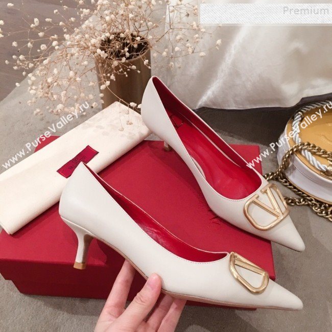 Valentino VLogo Leather Pointed Toe Low-Heel Pump White 2019 (KL-9082777)