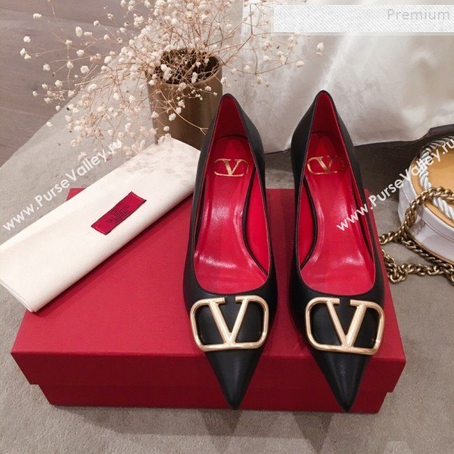 Valentino VLogo Leather Pointed Toe Low-Heel Pump Black 2019 (KL-9082776)