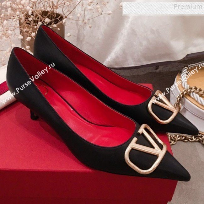 Valentino VLogo Leather Pointed Toe Low-Heel Pump Black 2019 (KL-9082776)