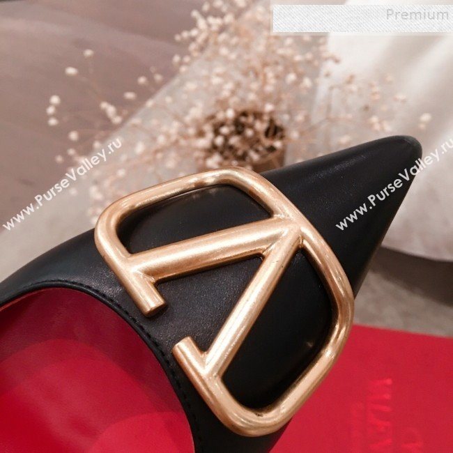 Valentino VLogo Leather Pointed Toe Low-Heel Pump Black 2019 (KL-9082776)