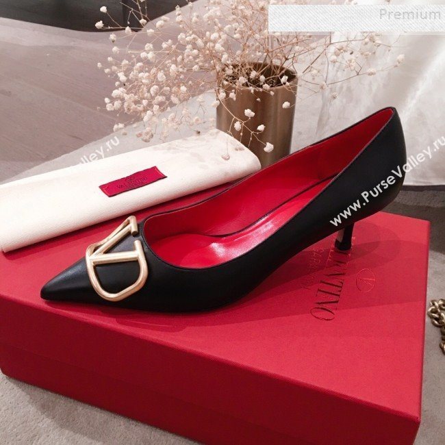 Valentino VLogo Leather Pointed Toe Low-Heel Pump Black 2019 (KL-9082776)