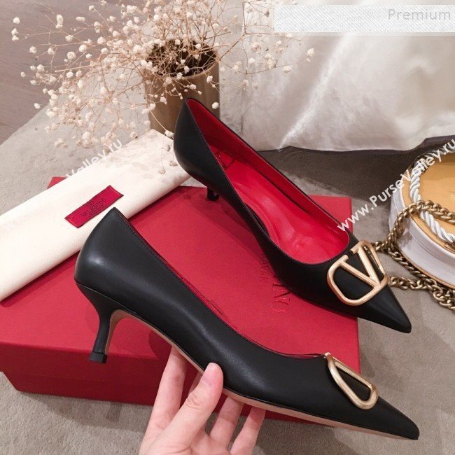 Valentino VLogo Leather Pointed Toe Low-Heel Pump Black 2019 (KL-9082776)