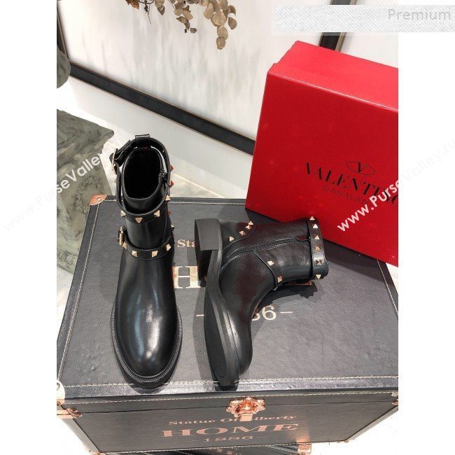 Valentino Rockstud Buckle Calfskin Short Boots Black 2019 (ANDI-9082811)
