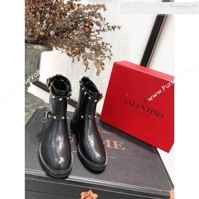 Valentino Rockstud Buckle Calfskin Short Boots Black 2019 (ANDI-9082811)
