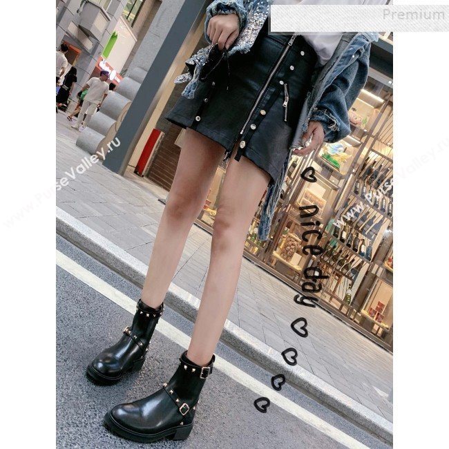 Valentino Rockstud Buckle Calfskin Short Boots Black 2019 (ANDI-9082811)