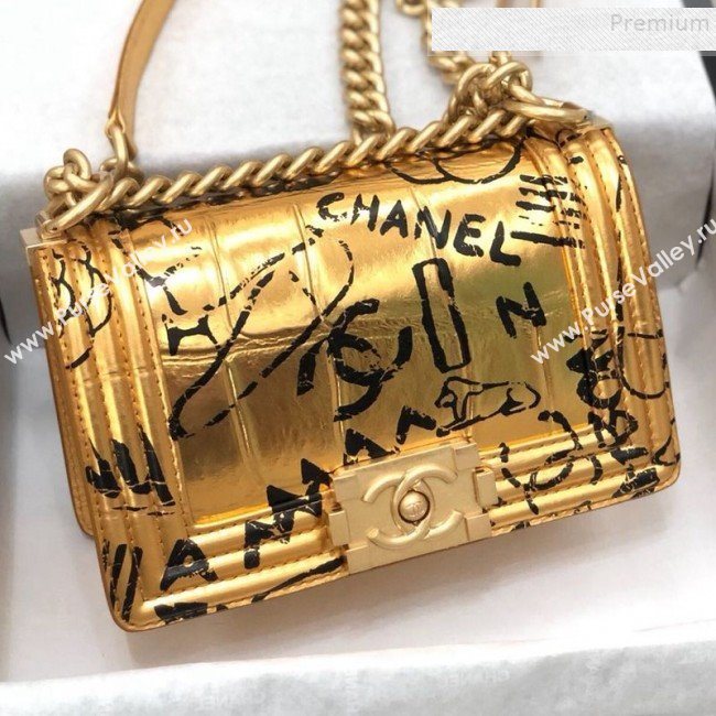 Chanel Crocodile Embossed Graffiti Leather Small Boy Flap Bag A67085 Gold 2019 (YD-9082944)