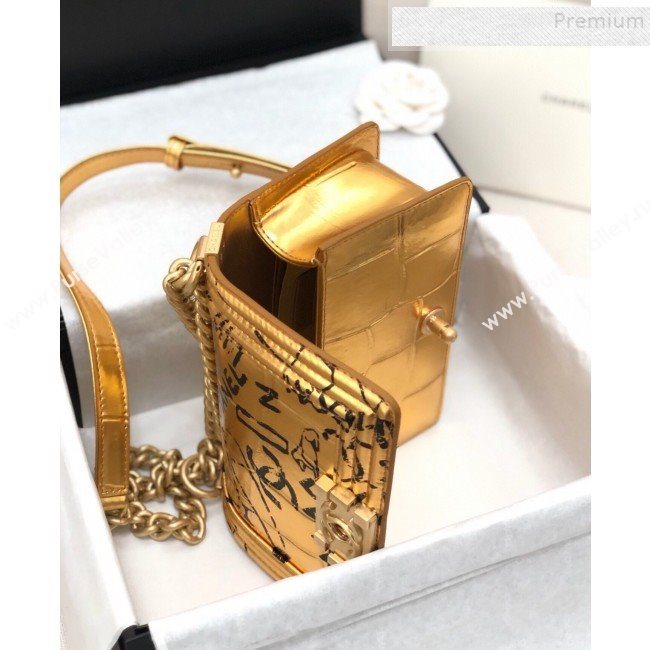 Chanel Crocodile Embossed Graffiti Leather Small Boy Flap Bag A67085 Gold 2019 (YD-9082944)