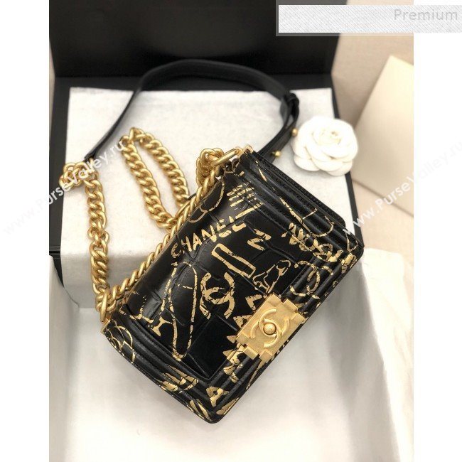 Chanel Crocodile Embossed Graffiti Leather Small Boy Flap Bag A67085 Black 2019 (YD-9082942)