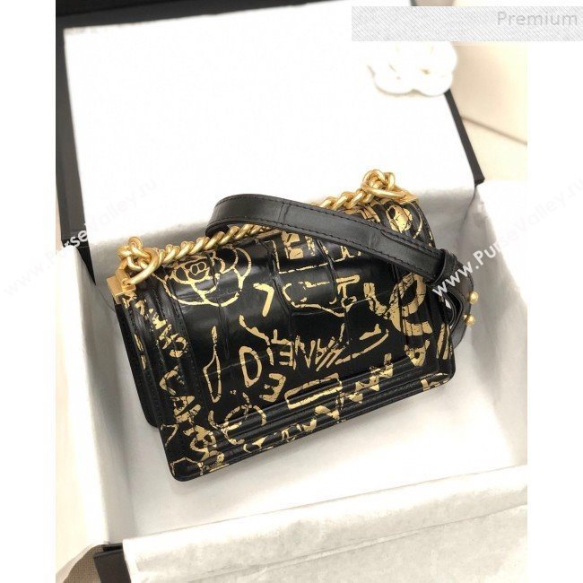 Chanel Crocodile Embossed Graffiti Leather Small Boy Flap Bag A67085 Black 2019 (YD-9082942)