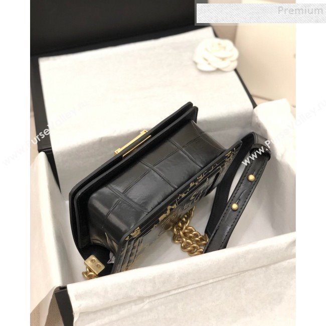 Chanel Crocodile Embossed Graffiti Leather Small Boy Flap Bag A67085 Black 2019 (YD-9082942)