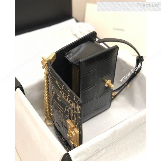 Chanel Crocodile Embossed Graffiti Leather Small Boy Flap Bag A67085 Black 2019 (YD-9082942)