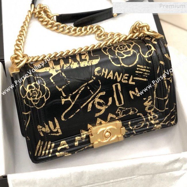 Chanel Crocodile Embossed Graffiti Leather Medium Boy Flap Bag A67086 Black 2019 (YD-9082943)