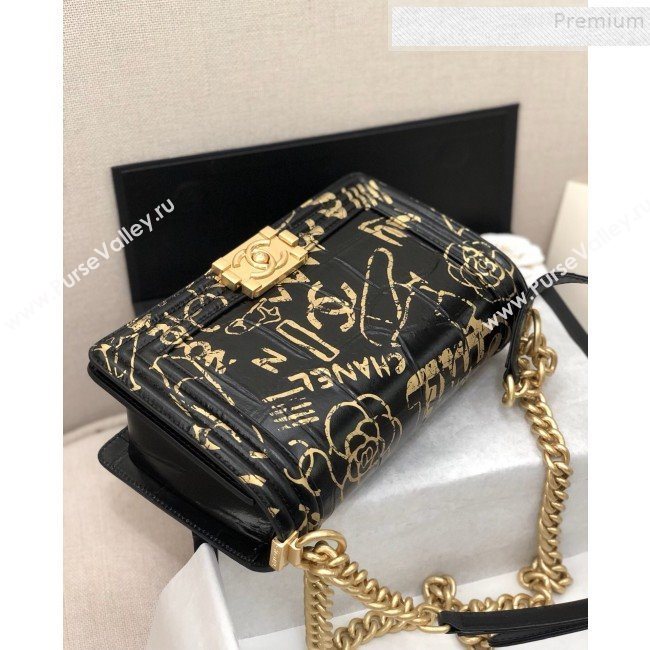 Chanel Crocodile Embossed Graffiti Leather Medium Boy Flap Bag A67086 Black 2019 (YD-9082943)