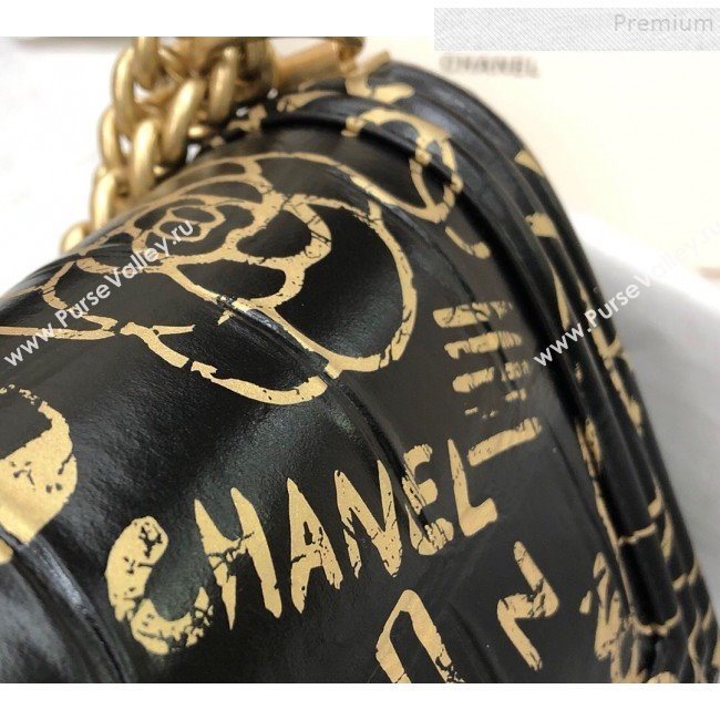 Chanel Crocodile Embossed Graffiti Leather Medium Boy Flap Bag A67086 Black 2019 (YD-9082943)