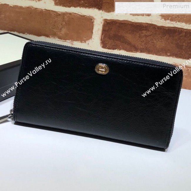 Gucci Vintage Leather Long Zip Around Wallet with Interlocking G ‎575988 Black 2019 (DLH-9083055)