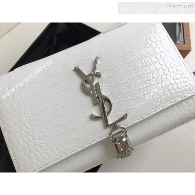 Saint Laurent Kate Small Chain and Tassel Bag in Crocodile Embossed Leather 474366 White/Silver 2019 (KTSD-9083107)