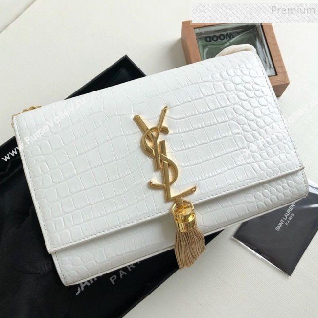 Saint Laurent Kate Small Chain and Tassel Bag in Crocodile Embossed Leather 474366 White/Gold 2019 (KTSD-9083108)