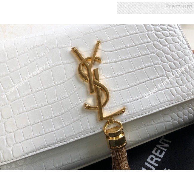 Saint Laurent Kate Small Chain and Tassel Bag in Crocodile Embossed Leather 474366 White/Gold 2019 (KTSD-9083108)