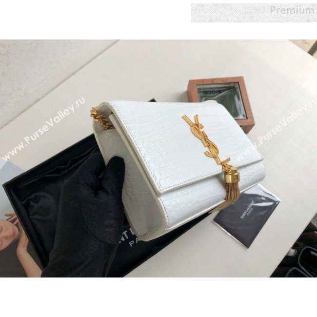 Saint Laurent Kate Small Chain and Tassel Bag in Crocodile Embossed Leather 474366 White/Gold 2019 (KTSD-9083108)