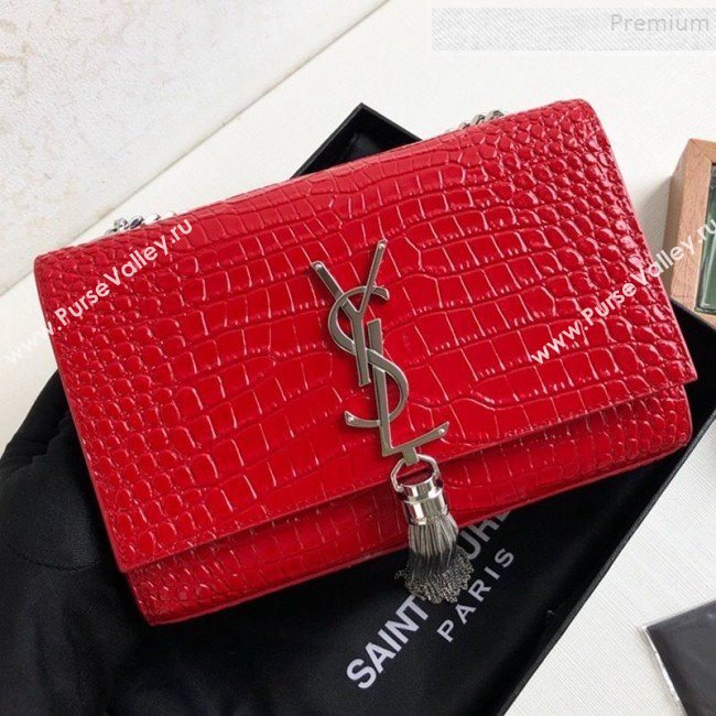 Saint Laurent Kate Small Chain and Tassel Bag in Crocodile Embossed Leather 474366 Red/Silver 2019 (KTSD-9083109)