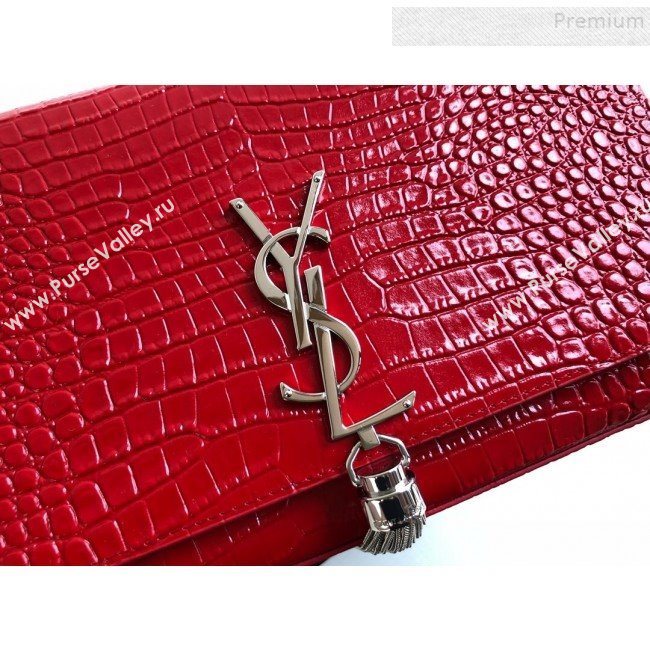 Saint Laurent Kate Small Chain and Tassel Bag in Crocodile Embossed Leather 474366 Red/Silver 2019 (KTSD-9083109)