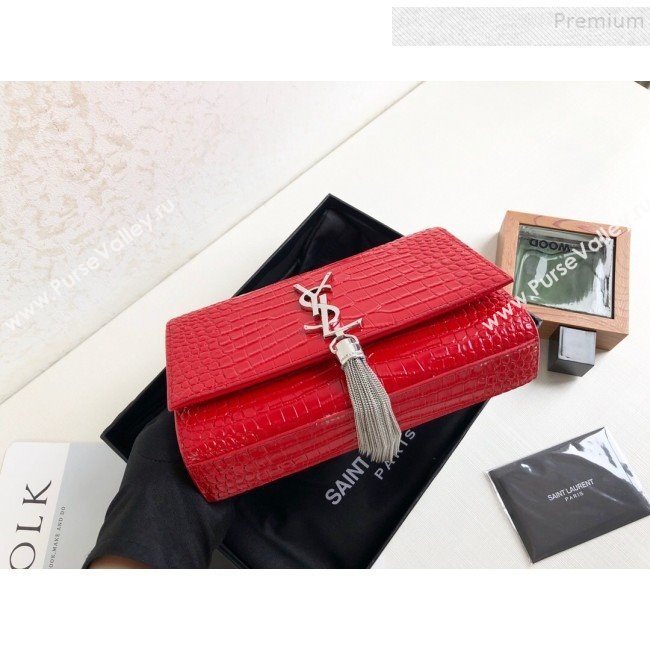 Saint Laurent Kate Small Chain and Tassel Bag in Crocodile Embossed Leather 474366 Red/Silver 2019 (KTSD-9083109)