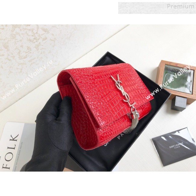 Saint Laurent Kate Small Chain and Tassel Bag in Crocodile Embossed Leather 474366 Red/Silver 2019 (KTSD-9083109)