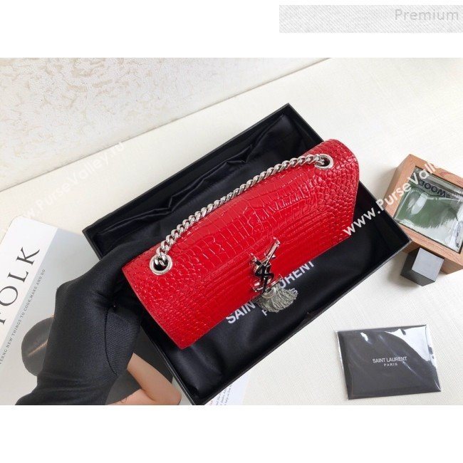 Saint Laurent Kate Small Chain and Tassel Bag in Crocodile Embossed Leather 474366 Red/Silver 2019 (KTSD-9083109)